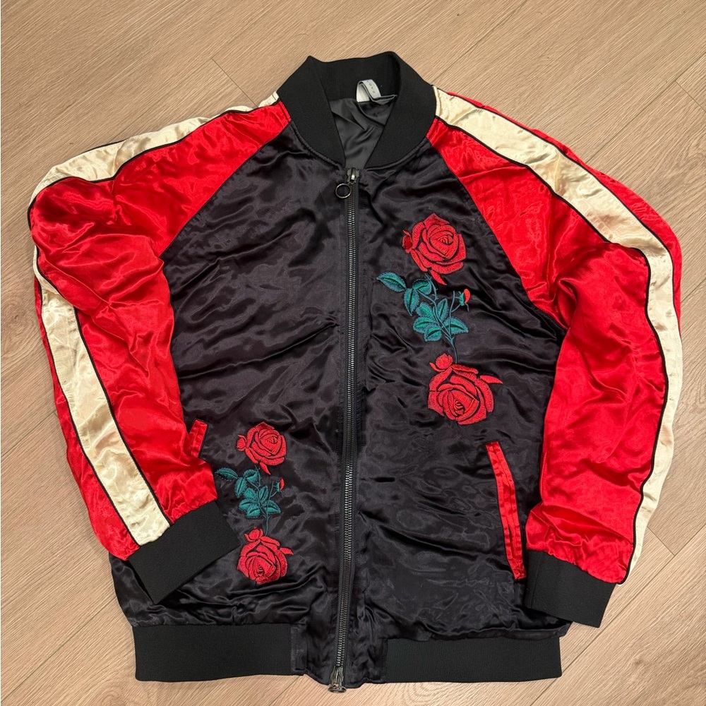 Zara red and Black Floral Embroidered Bomber Jacket